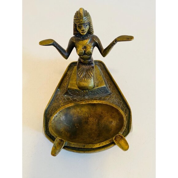 Vintage Brass Egyptian Themed Ashtray, Trinket Dish, Egyptian Goddess Ashtray - Picture 2 of 10